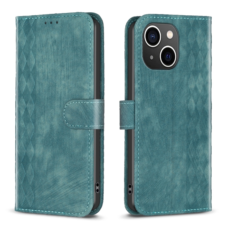 

For iPhone 14 Plus Plaid Embossed Leather Phone Case(Green)