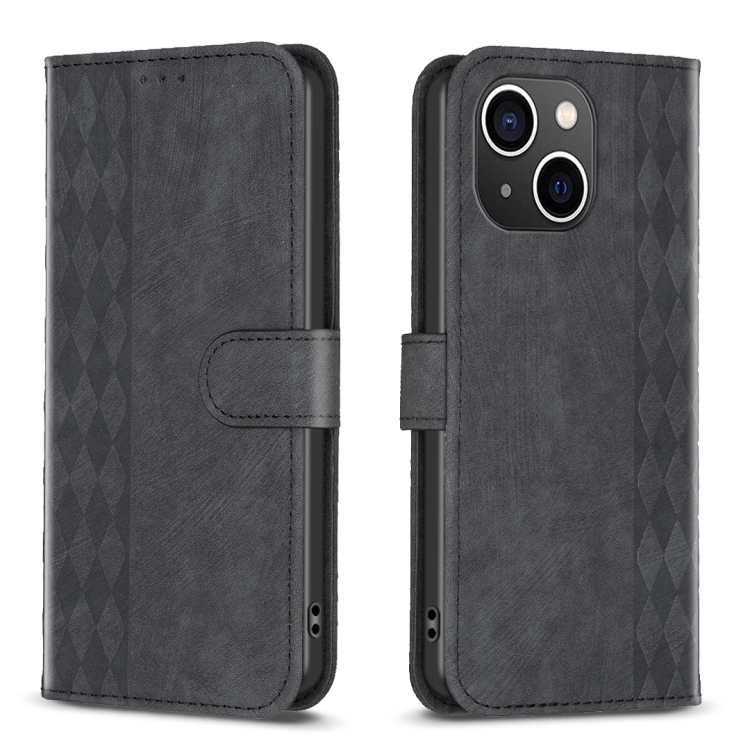

For iPhone 14 Plus Plaid Embossed Leather Phone Case(Black)