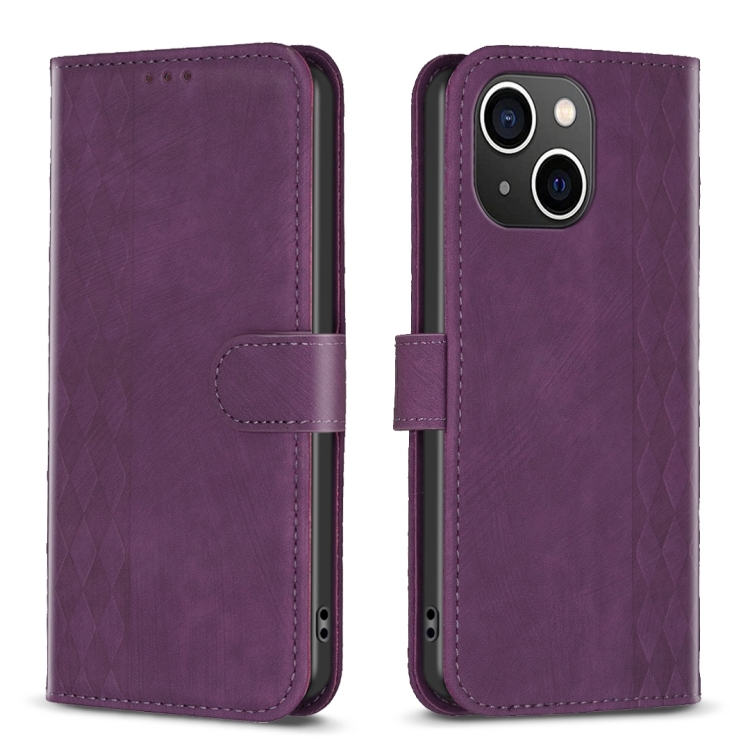 

For iPhone 14 Plus Plaid Embossed Leather Phone Case(Purple)