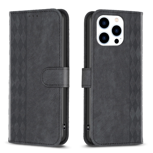 

For iPhone 14 Pro Plaid Embossed Leather Phone Case(Black)