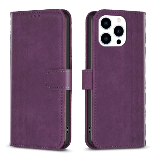 For iPhone 14 Pro Plaid Embossed Leather Phone Case(Purple) for iphone 13 pro max plaid embossed leather phone case purple