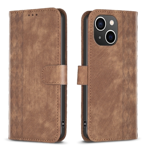 For iPhone 13 Plaid Embossed Leather Phone Case(Brown) for iphone 12 12 pro plaid embossed leather phone case blue