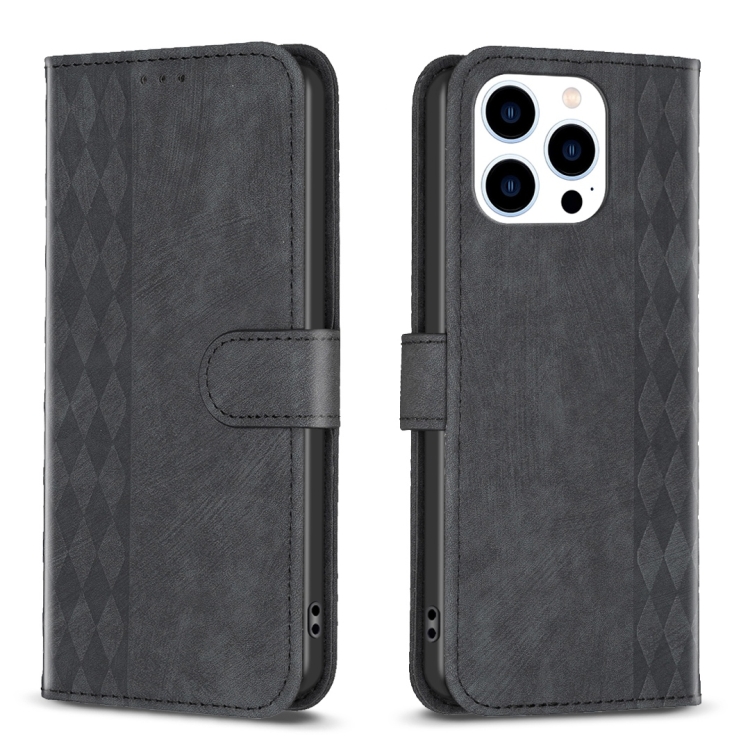 

For iPhone 13 Pro Plaid Embossed Leather Phone Case(Black)