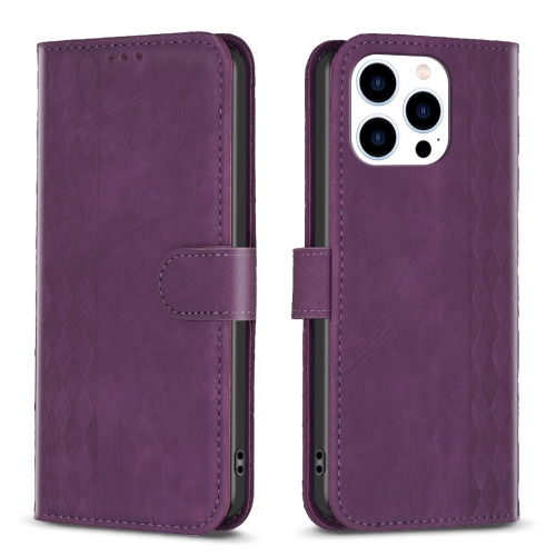 

For iPhone 13 Pro Plaid Embossed Leather Phone Case(Purple)