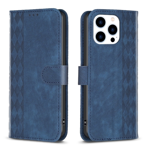 

For iPhone 13 Pro Max Plaid Embossed Leather Phone Case(Blue)