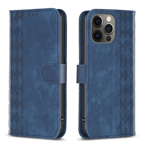 For iPhone 12 / 12 Pro Plaid Embossed Leather Phone Case(Blue) for iphone 15 plus four leaf clasp embossed buckle leather phone case purple