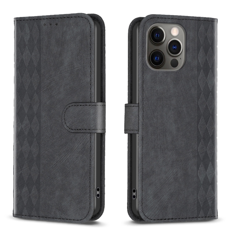 

For iPhone 12 / 12 Pro Plaid Embossed Leather Phone Case(Black)