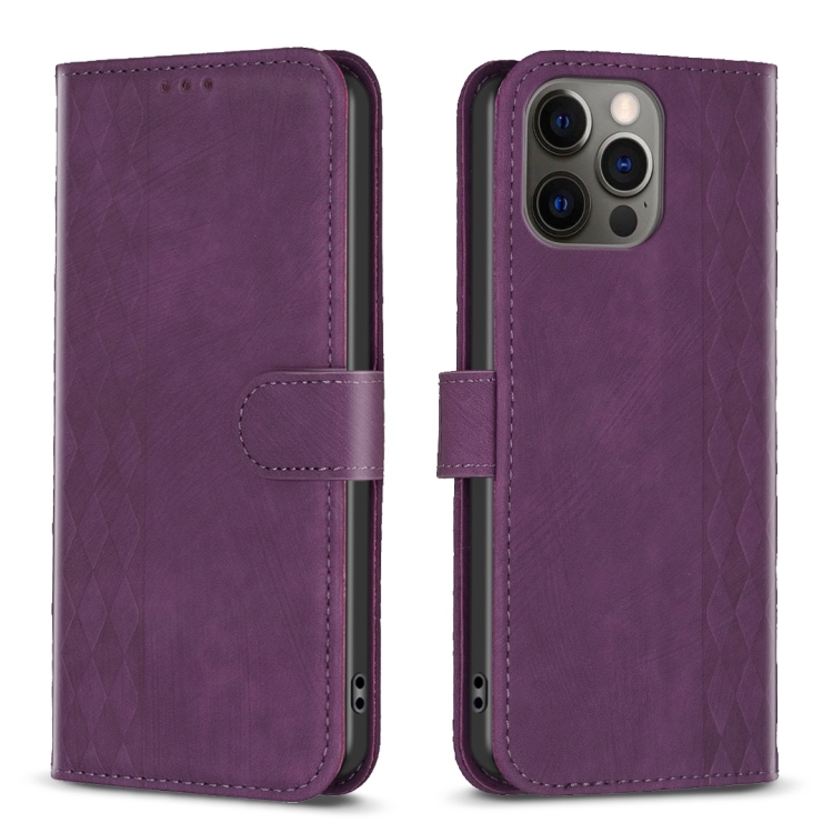 

For iPhone 12 / 12 Pro Plaid Embossed Leather Phone Case(Purple)