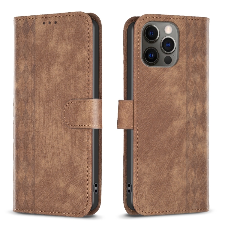 

For iPhone 12 Pro Max Plaid Embossed Leather Phone Case(Brown)