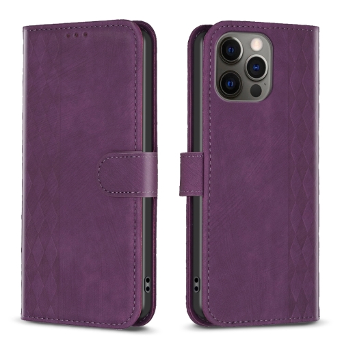 For iPhone 12 Pro Max Plaid Embossed Leather Phone Case(Purple) for iphone 14 plus plaid embossed leather phone case brown