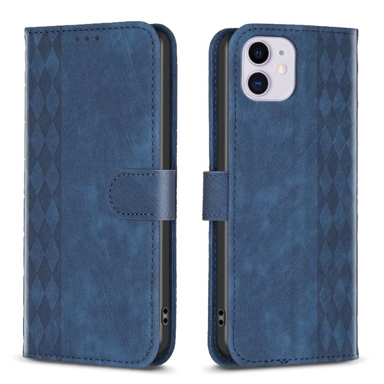 

For iPhone 11 Plaid Embossed Leather Phone Case(Blue)
