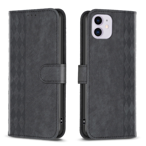 For iPhone 11 Plaid Embossed Leather Phone Case(Black) for iphone 15 pro four leaf clasp embossed buckle leather phone case magengta