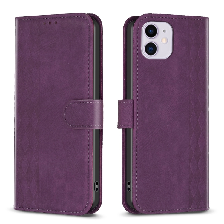 

For iPhone 11 Plaid Embossed Leather Phone Case(Purple)