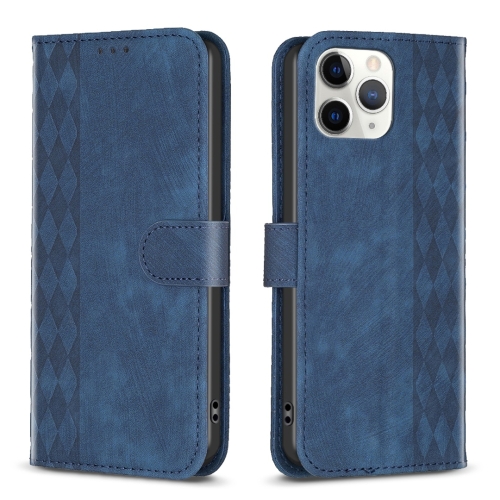 For iPhone 11 Pro Plaid Embossed Leather Phone Case(Blue) for iphone 11 pro max plaid embossed leather phone case green