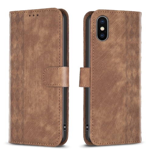 For iPhone X / XS Plaid Embossed Leather Phone Case(Brown)