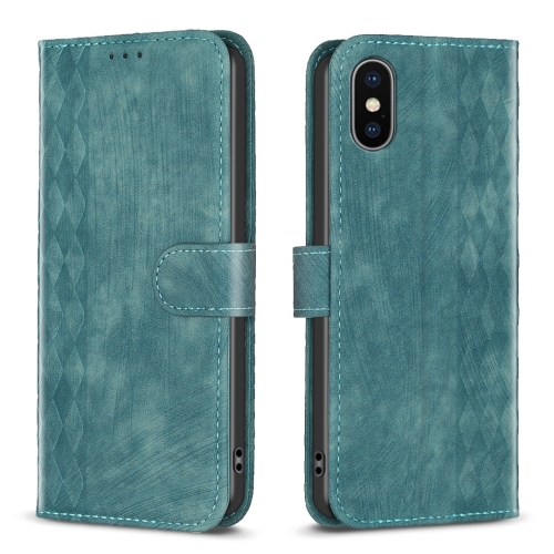 

For iPhone X / XS Plaid Embossed Leather Phone Case(Green)