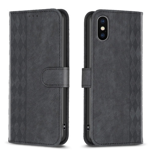 

For iPhone X / XS Plaid Embossed Leather Phone Case(Black)