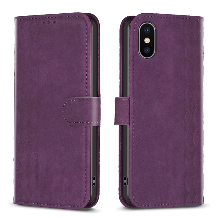 

For iPhone X / XS Plaid Embossed Leather Phone Case(Purple)