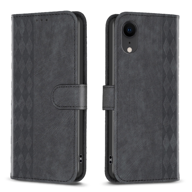 

For iPhone XR Plaid Embossed Leather Phone Case(Black)