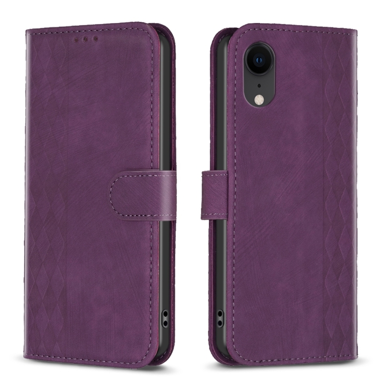 

For iPhone XR Plaid Embossed Leather Phone Case(Purple)
