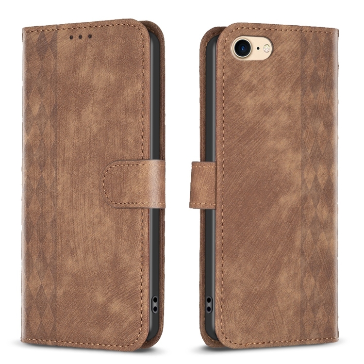 

For iPhone SE 2022 / 7 / 8 Plaid Embossed Leather Phone Case(Brown)