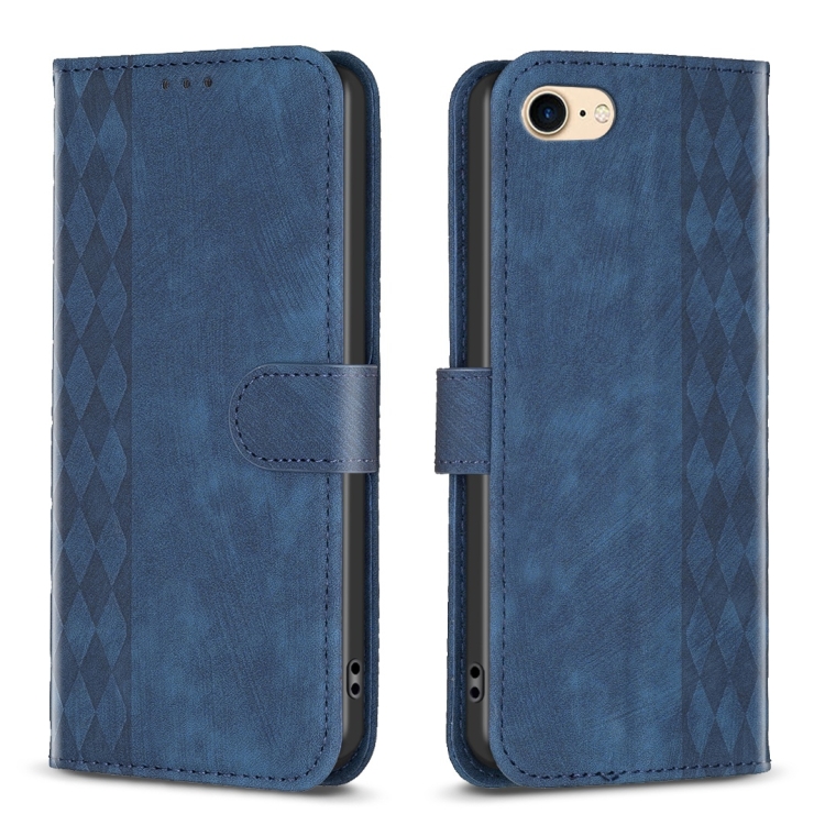 

For iPhone SE 2022 / 7 / 8 Plaid Embossed Leather Phone Case(Blue)