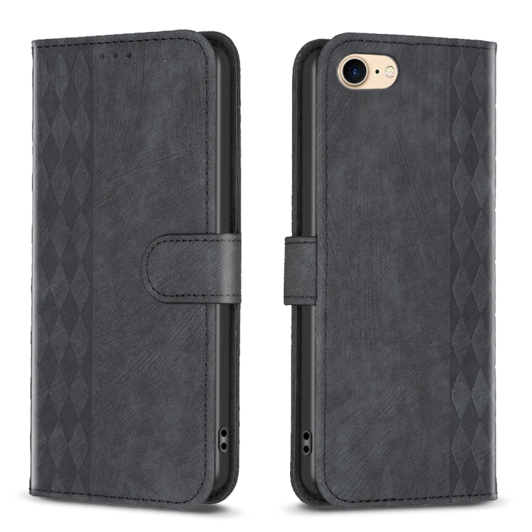 

For iPhone SE 2022 / 7 / 8 Plaid Embossed Leather Phone Case(Black)