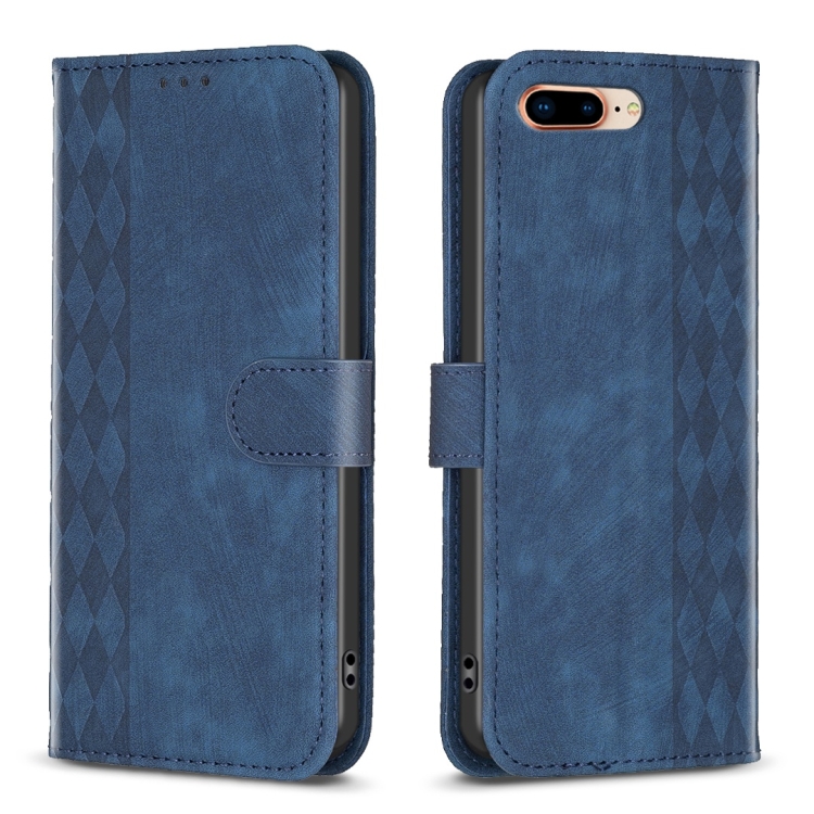 

For iPhone 7 Plus / 8 Plus Plaid Embossed Leather Phone Case(Blue)