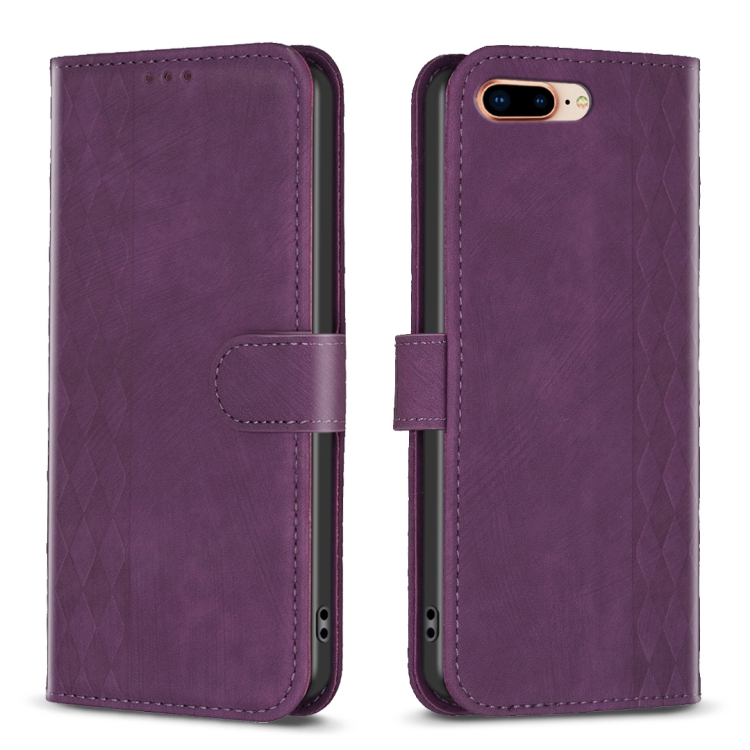 

For iPhone 7 Plus / 8 Plus Plaid Embossed Leather Phone Case(Purple)