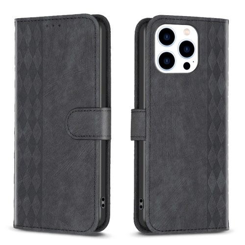 

For iPhone 15 Pro Max Plaid Embossed Leather Phone Case(Black)