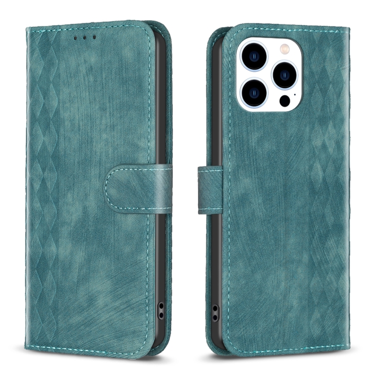 

For iPhone 15 Pro Plaid Embossed Leather Phone Case(Green)