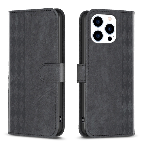 

For iPhone 15 Pro Plaid Embossed Leather Phone Case(Black)