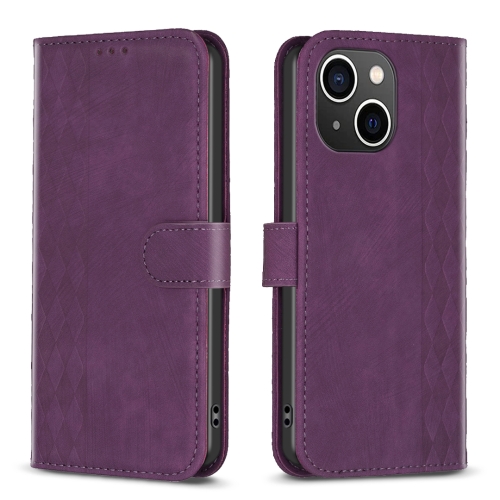 For iPhone 15 Plus Plaid Embossed Leather Phone Case(Purple) for iphone 13 pro max bf25 square plaid card bag holder phone case purple