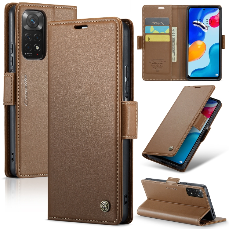 

For Xiaomi Redmi Note 11S Global CaseMe 023 Butterfly Buckle Litchi Texture RFID Anti-theft Leather Phone Case(Brown)