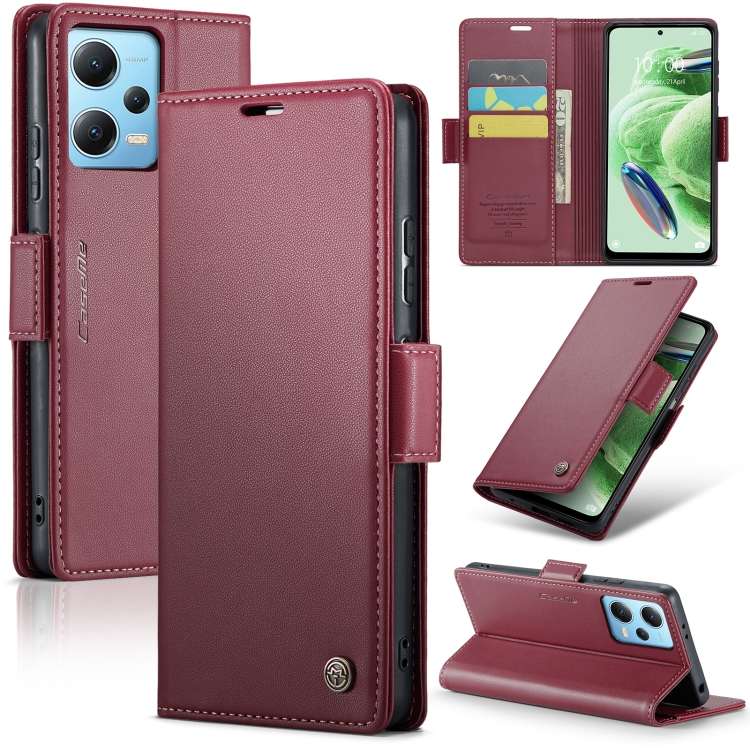 

For Xiaomi Redmi Note 12 5G Global CaseMe 023 Butterfly Buckle Litchi Texture RFID Anti-theft Leather Phone Case(Wine Red)