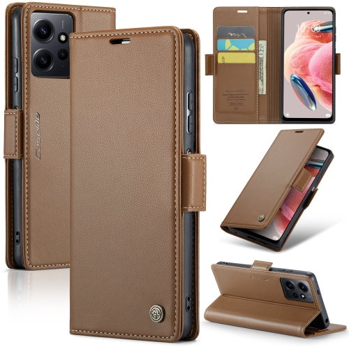 

For Xiaomi Redmi Note 12 4G Global CaseMe 023 Butterfly Buckle Litchi Texture RFID Anti-theft Leather Phone Case(Brown)