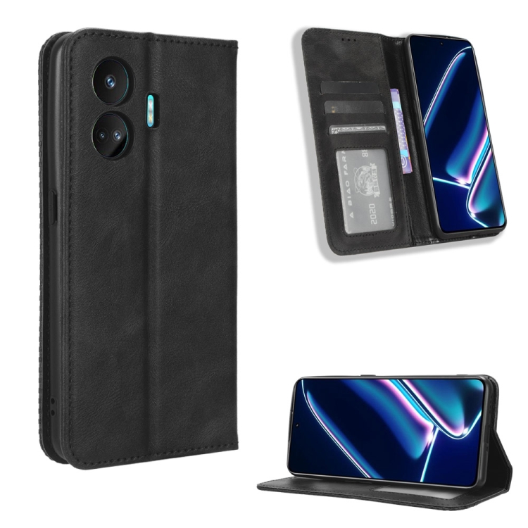 

For Realme GT Neo5 SE Magnetic Buckle Retro Texture Leather Phone Case(Black)