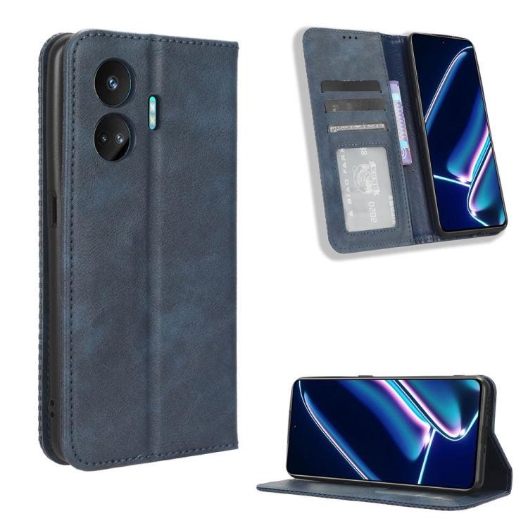 

For Realme GT Neo5 SE Magnetic Buckle Retro Texture Leather Phone Case(Blue)