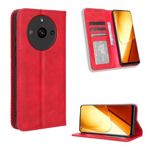 

For Realme 11 5G Magnetic Buckle Retro Texture Leather Phone Case(Red)
