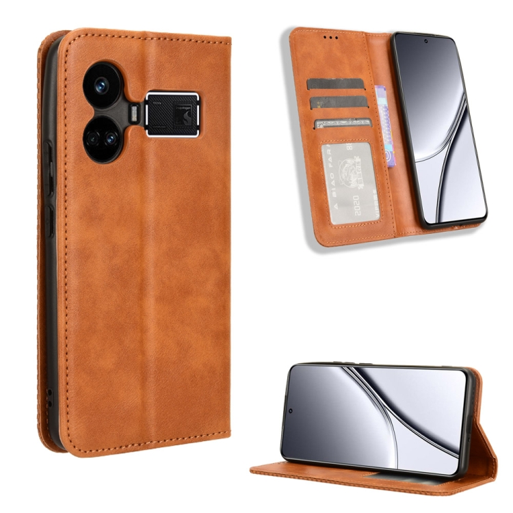 

For Realme GT5 5G Magnetic Buckle Retro Texture Leather Phone Case(Brown)