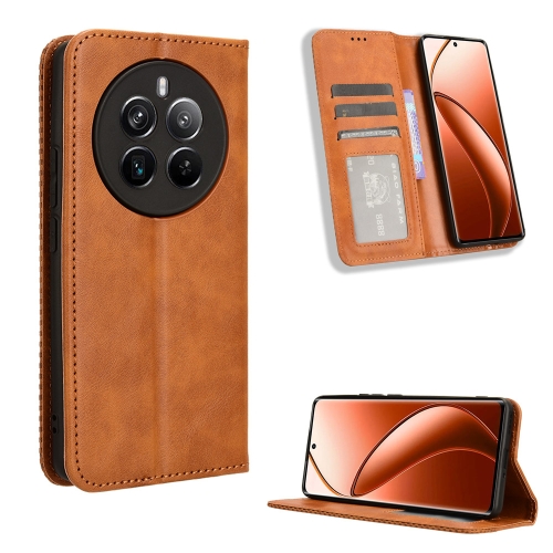 

For Realme 12 Pro / Pro+ 5G Magnetic Buckle Retro Texture Leather Phone Case(Brown)