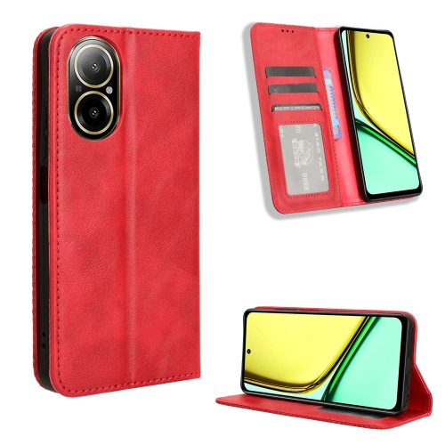 For Realme C67 4G Magnetic Buckle Retro Texture Leather Phone Case(Red) for samsung galaxy a15 cubic grid calf texture magnetic leather phone case yellow
