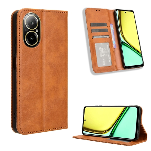 

For Realme C67 4G Magnetic Buckle Retro Texture Leather Phone Case(Brown)