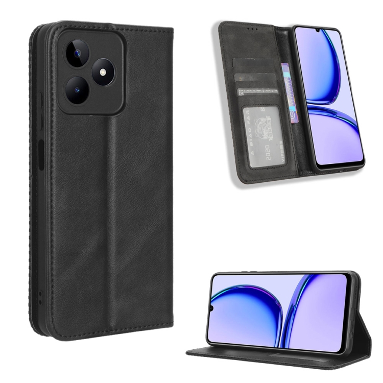 

For Realme Note 50 4G Magnetic Buckle Retro Texture Leather Phone Case(Black)