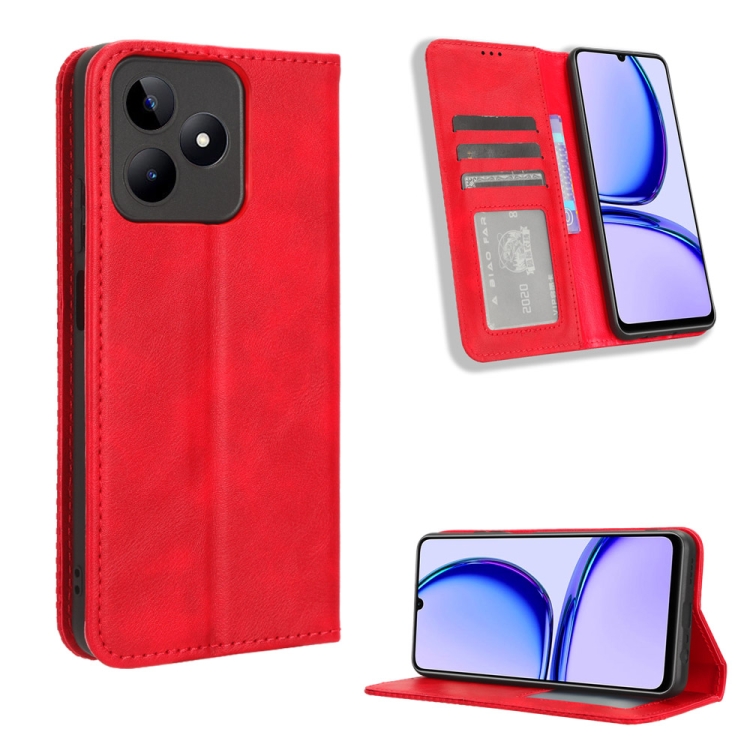 

For Realme Note 50 4G Magnetic Buckle Retro Texture Leather Phone Case(Red)