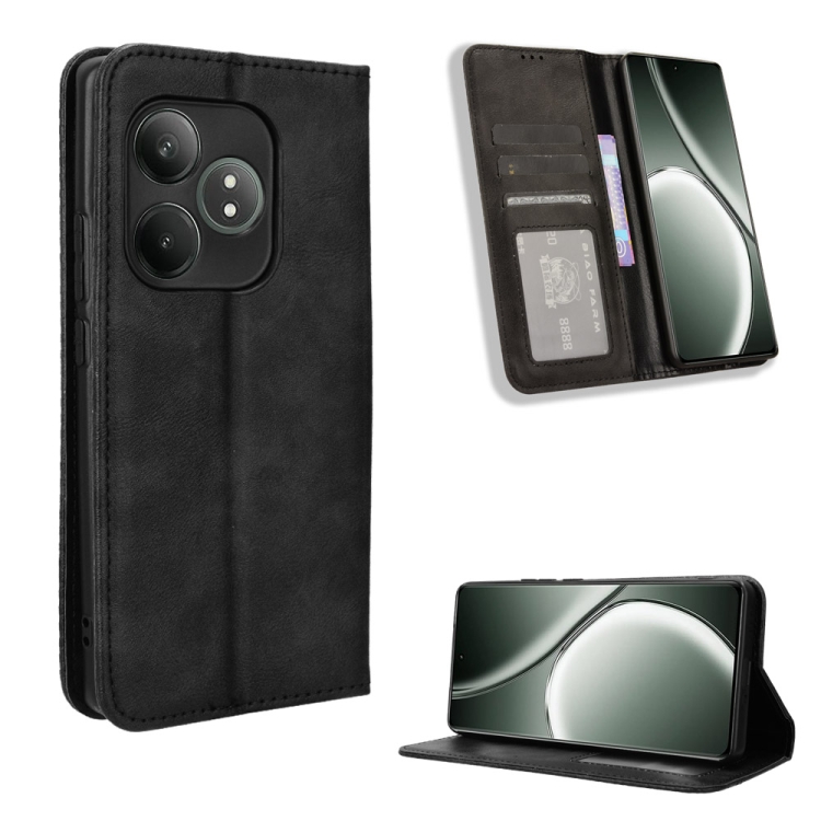 

For Realme GT 6 / GT 6T / GT Neo6 Magnetic Buckle Retro Texture Leather Phone Case(Black)