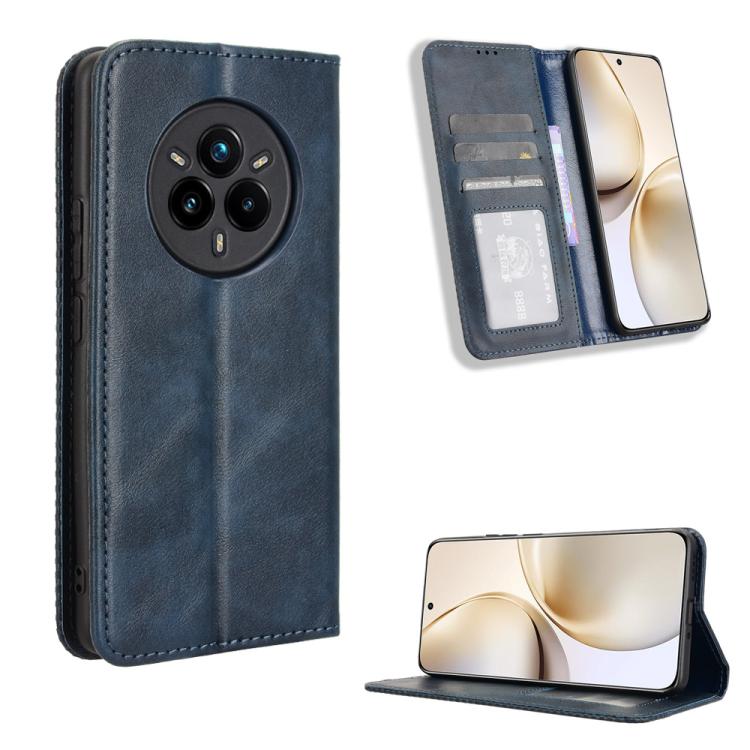 

For Realme 14 Pro+ 5G Magnetic Buckle Retro Texture Leather Phone Case(Blue)