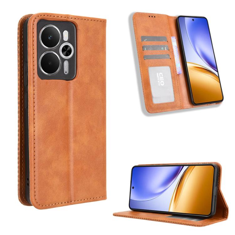 

For Realme 14 5G Magnetic Buckle Retro Texture Leather Phone Case(Brown)