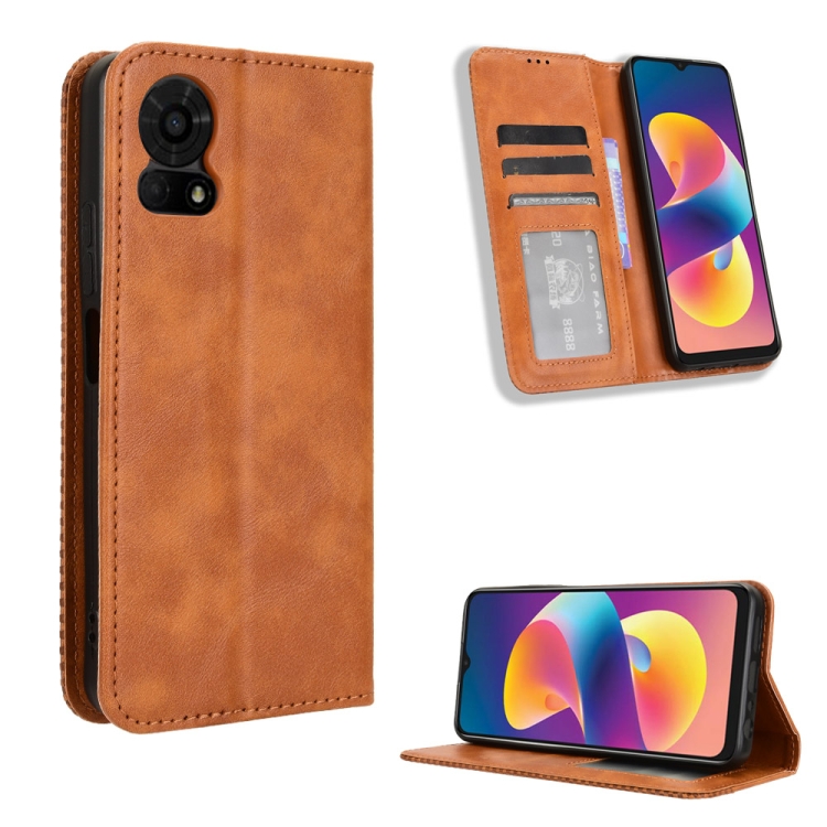 

For TCL 50 LE Magnetic Buckle Retro Texture Leather Phone Case(Brown)