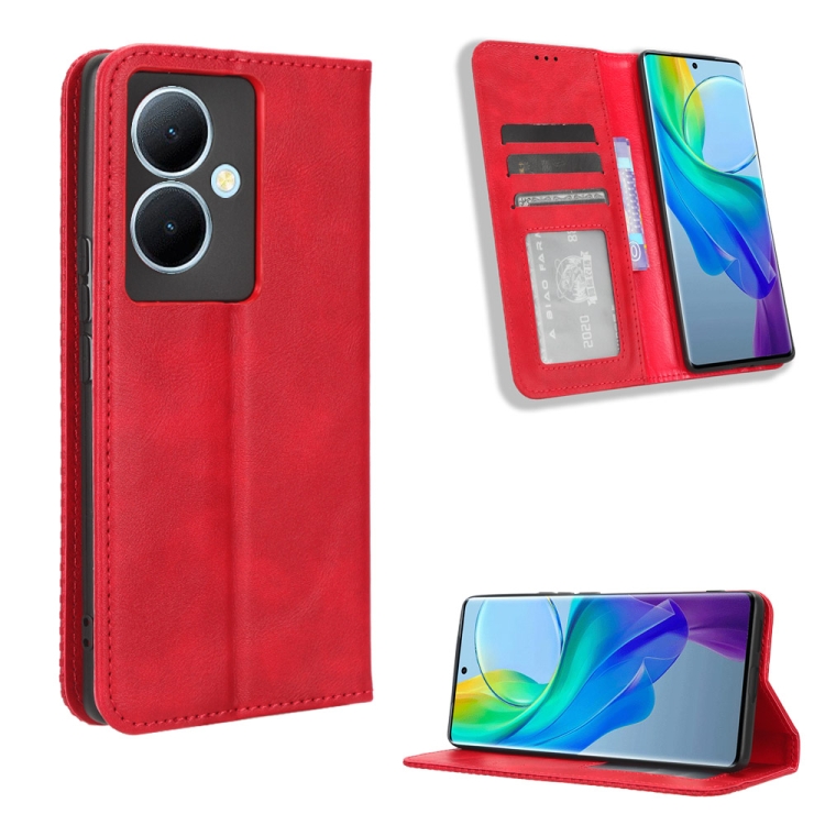 

For vivo Y78 Plus Magnetic Buckle Retro Texture Leather Phone Case(Red)